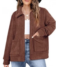Brown Womens Fleece Jacket Lapel Zip Up Teddy Coat Cropped Winter Outerwear