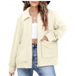 Beige Womens Fleece Jacket Lapel Zip Up Teddy Coat Cropped Winter Outerwear