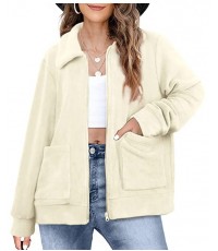 Beige Womens Fleece Jacket Lapel Zip Up Teddy Coat Cropped Winter Outerwear