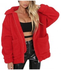 Red Women's Fashion Long Sleeve Lapel Zip Up Faux Shearling Shaggy Oversized Coat Jacket For Warm Winter