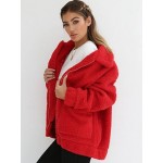 Red Women's Fashion Long Sleeve Lapel Zip Up Faux Shearling Shaggy Oversized Coat Jacket For Warm Winter